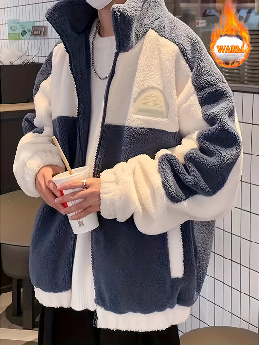Sixsr Warm Plush Fleece Jacket, Men's Casual Color Block Stand Collar Jacket Coat For Fall Winter