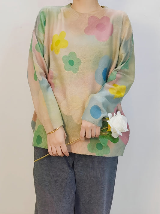Sixsr Loose Flower Pattern Sweater, Crew Neck Long Sleeve Sweater, Casual Tops For Fall & Winter, Women's Clothing