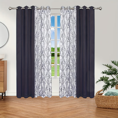 1 Panel Branch Printed Sheer Curtain + 1 Panel Blackout Curtain - Panels for Bedroom, Office, Living Room Home Decor with Grommet Top Window Drapes