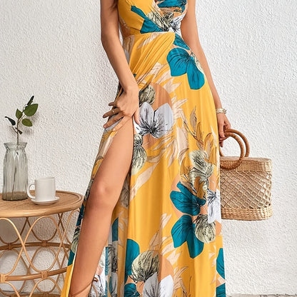 Floral Print Split Thigh Backless Cami Dress, Elegant Sleeveless V-neck Dress, Women's Clothing