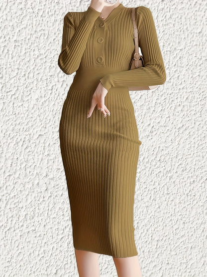 Sixsr Ribbed Button Front Dress, Casual V Neck Long Sleeve Dres, Women's Clothing