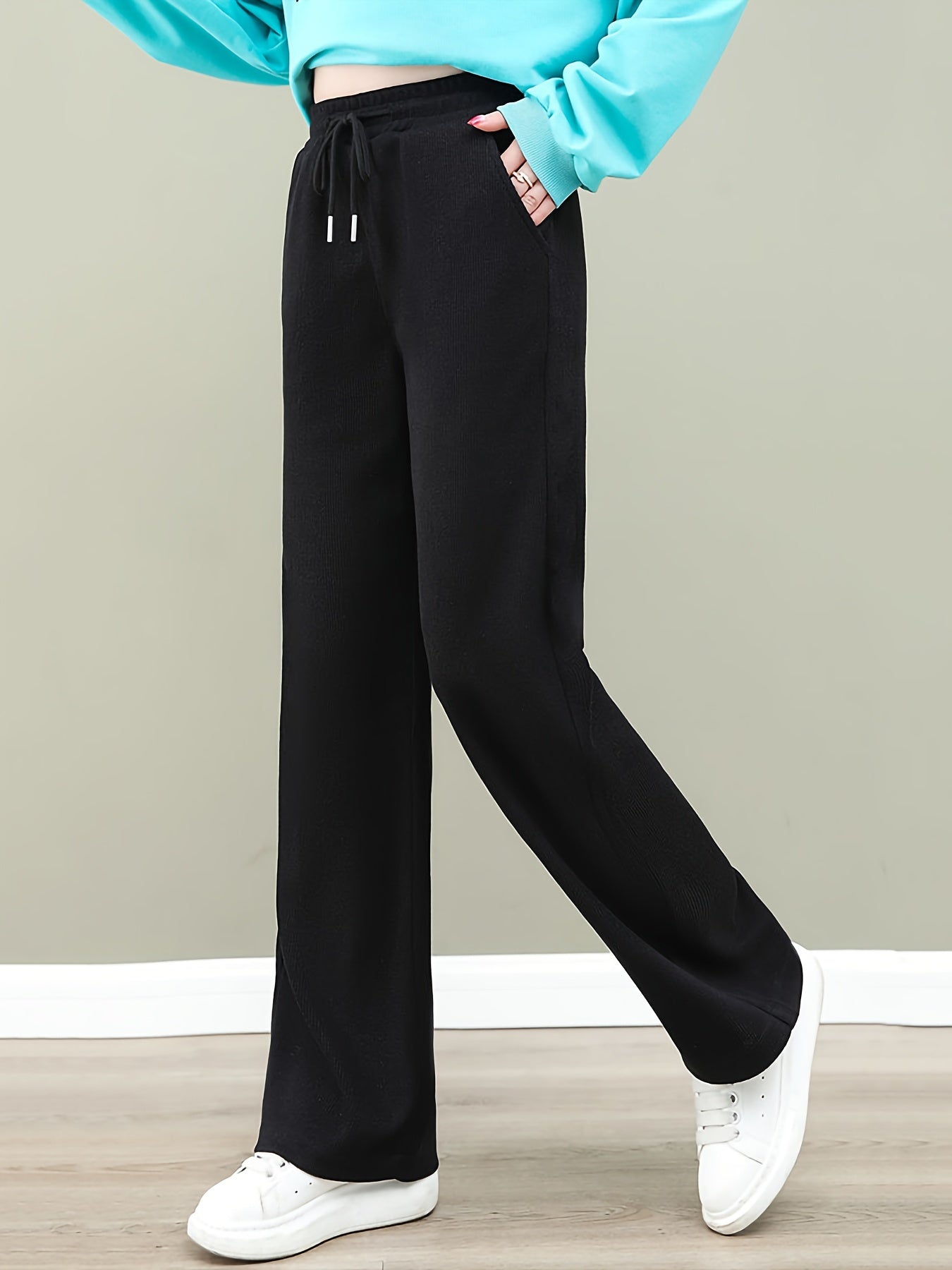 Sixsr Solid Straight Leg Pants, Casual Drawstring Waist Pocket Pants For Fall & Winter, Women's Clothing