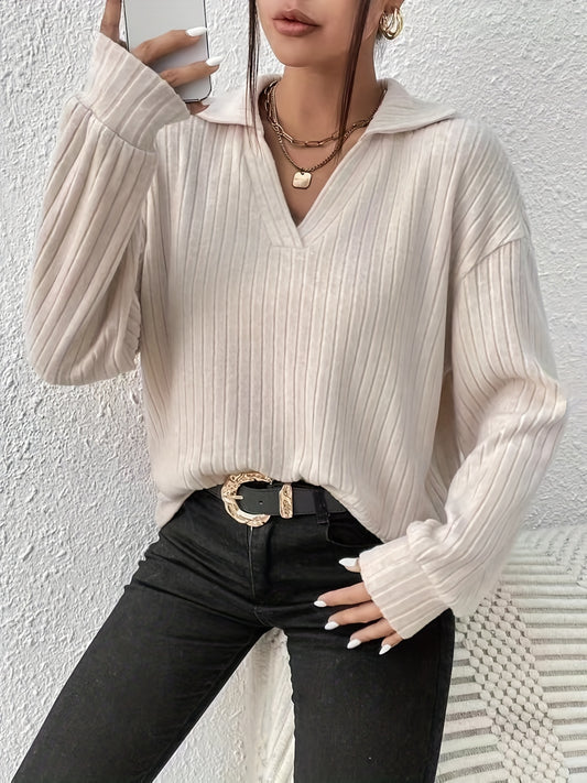 Sixsr Solid Polo Neck Loose T-shirt, Casual Drop Shoulder Simple Long Sleeve T-shirt, Women's Clothing