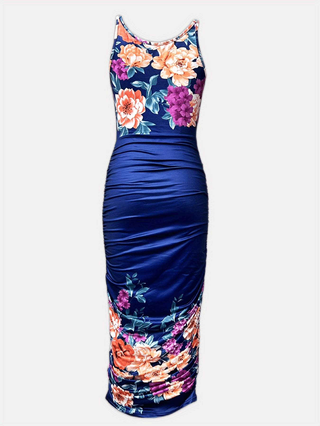 Floral Print Ruched Dress, Sexy U Neck Bodycon Sleeveless Dress, Women's Clothing