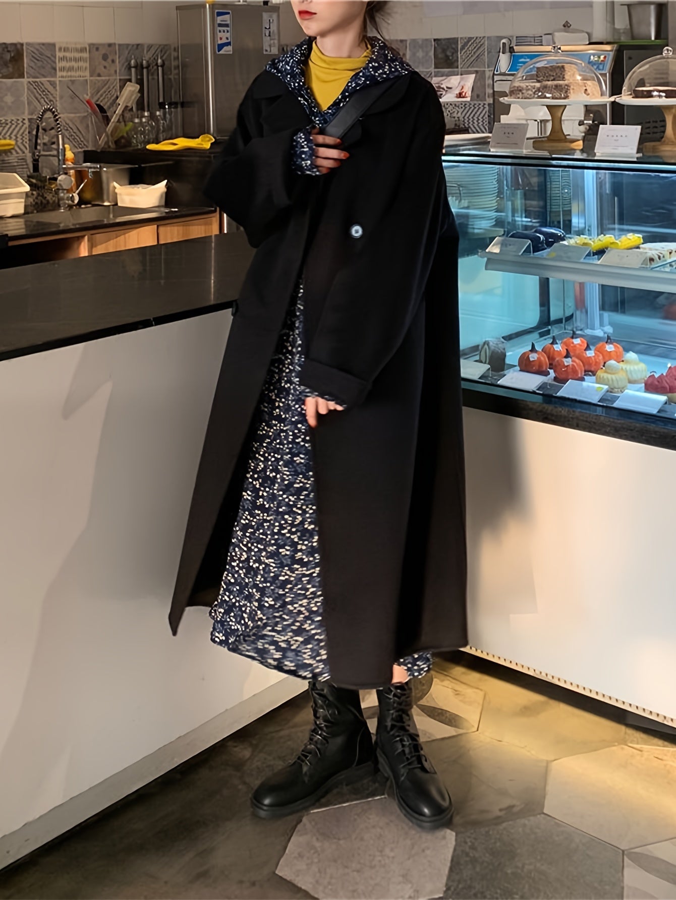 Sixsr Solid Double Breasted Pockets Overcoat, Versatile Long Sleeve Winter Warm Outwear For Fall & Winter, Women's Clothing