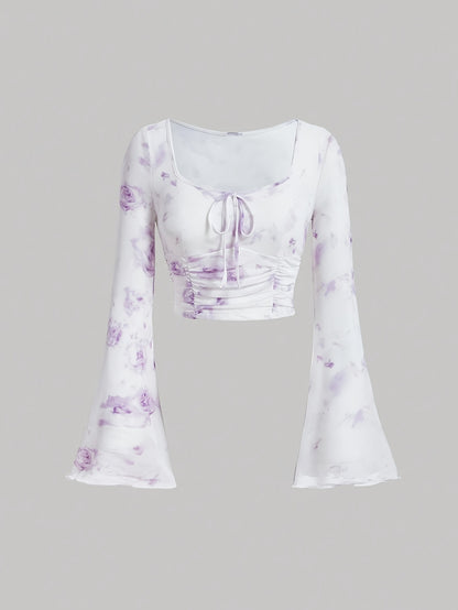 Sixsr Tie Dye Print Tie Front Ruched T-Shirt, Casual Long Flare Sleeve Top For Spring & Fall, Women's Clothing