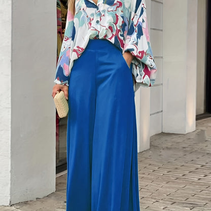 Batwing Sleeve Tie Dye Blouse & High Waist Solid Pantsuits