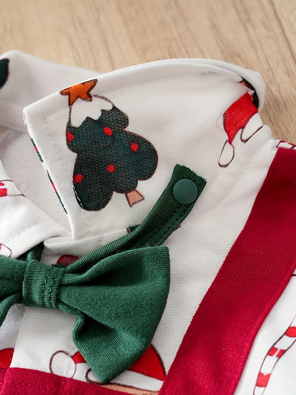 Faux Suspender Overalls Xmas Symbols Pattern Jumpsuit With A Bow Tie For Baby Boys, Perfect For Autumn And Winter Outdoors