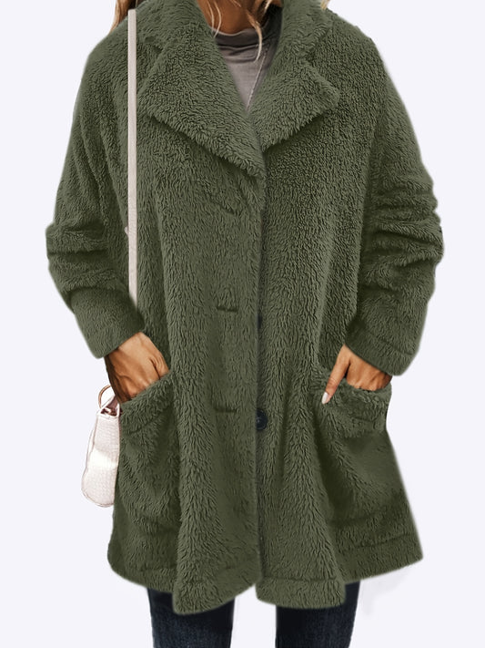 Sixsr Plus Size Casual Coat, Women's Plus Solid Teddy Fleece Button Up Long Sleeve Lapel Collar Tunic Coat With Pockets