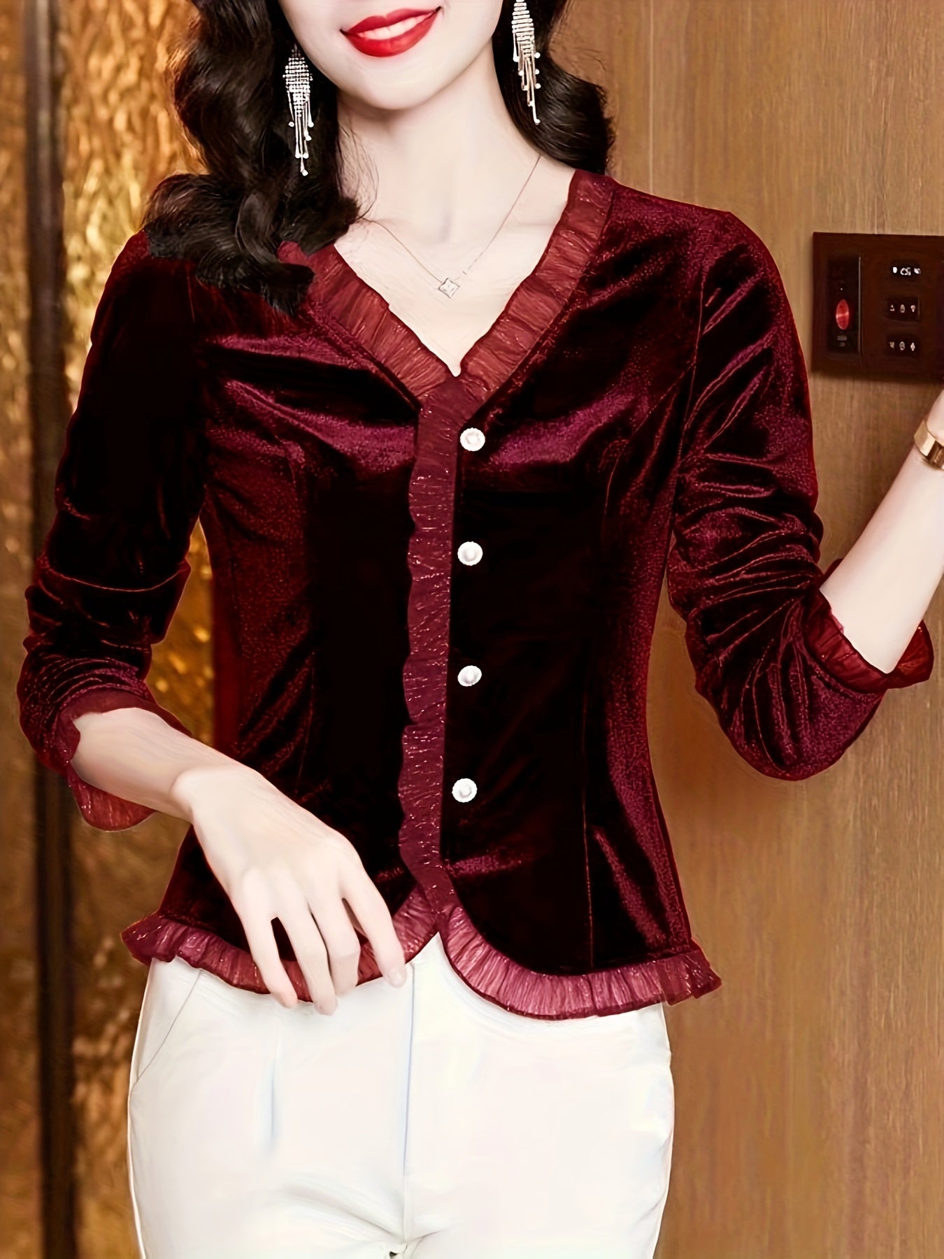 Sixsr Velvet Lace Contrast Trim Top, Button Front V Neck Long Sleeve T-shirt, Women's Clothing