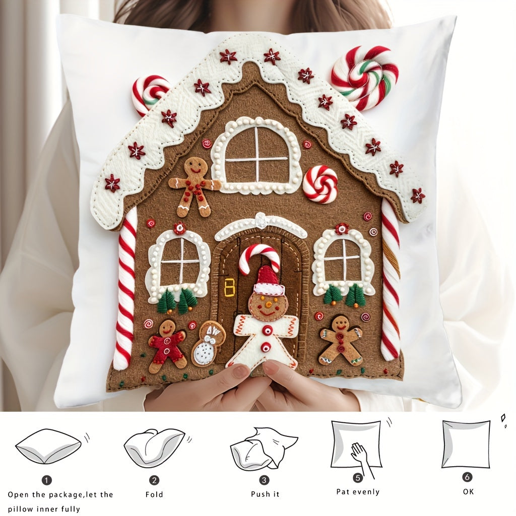 Festive 17.7" x 17.7" Christmas Gingerbread House Pillow Cover - Soft, Breathable, Machine-Washable, and Durable for Sofa, Living Room, Bedroom Home Decoration - Perfect for Holiday Season, No Pillow Insert Included