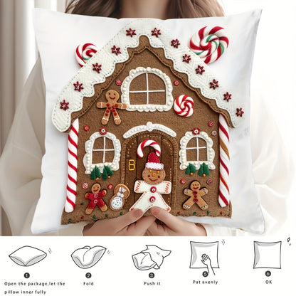 Festive 17.7" x 17.7" Christmas Gingerbread House Pillow Cover - Soft, Breathable, Machine-Washable, and Durable for Sofa, Living Room, Bedroom Home Decoration - Perfect for Holiday Season, No Pillow Insert Included