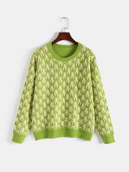 Sixsr Plus Size Jacquard Long Sleeve Knitwear, Women's Plus Casual Round Neck Slight Stretch Pullover Sweater