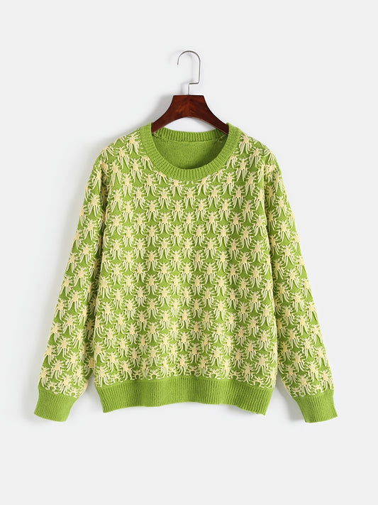 Sixsr Plus Size Jacquard Long Sleeve Knitwear, Women's Plus Casual Round Neck Slight Stretch Pullover Sweater