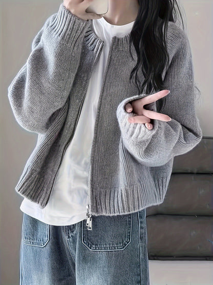 Sixsr Solid Zip Up Knit Cardigan, Casual Crew Neck Long Sleeve Sweater, Women's Clothing