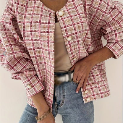 Sixsr Plaid Print Simple Jacket, Casual Button Front Long Sleeve Outerwear, Women's Clothing