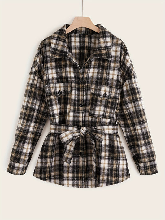Sixsr Plus Size Casual Coat, Women's Plus Plaid Print Long Sleeve Button Up Overcoat With Belt
