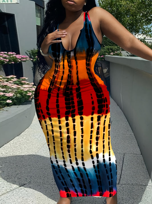 Sixsr Plus Size Casual Tank Dress, Women's Plus Colorblock Tie Dye Notched Neck High Stretch Bodycon Maxi Tank Dress