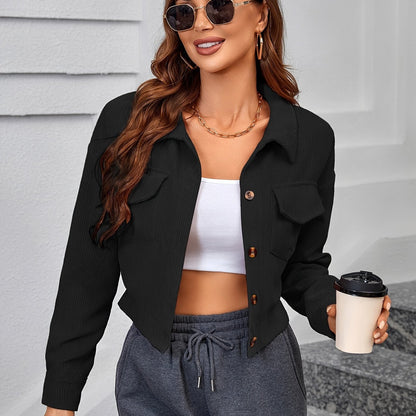 Sixsr Corduroy Button Front Jacket, Casual Long Sleeve Outwear For Fall & Winter, Women's Clothing