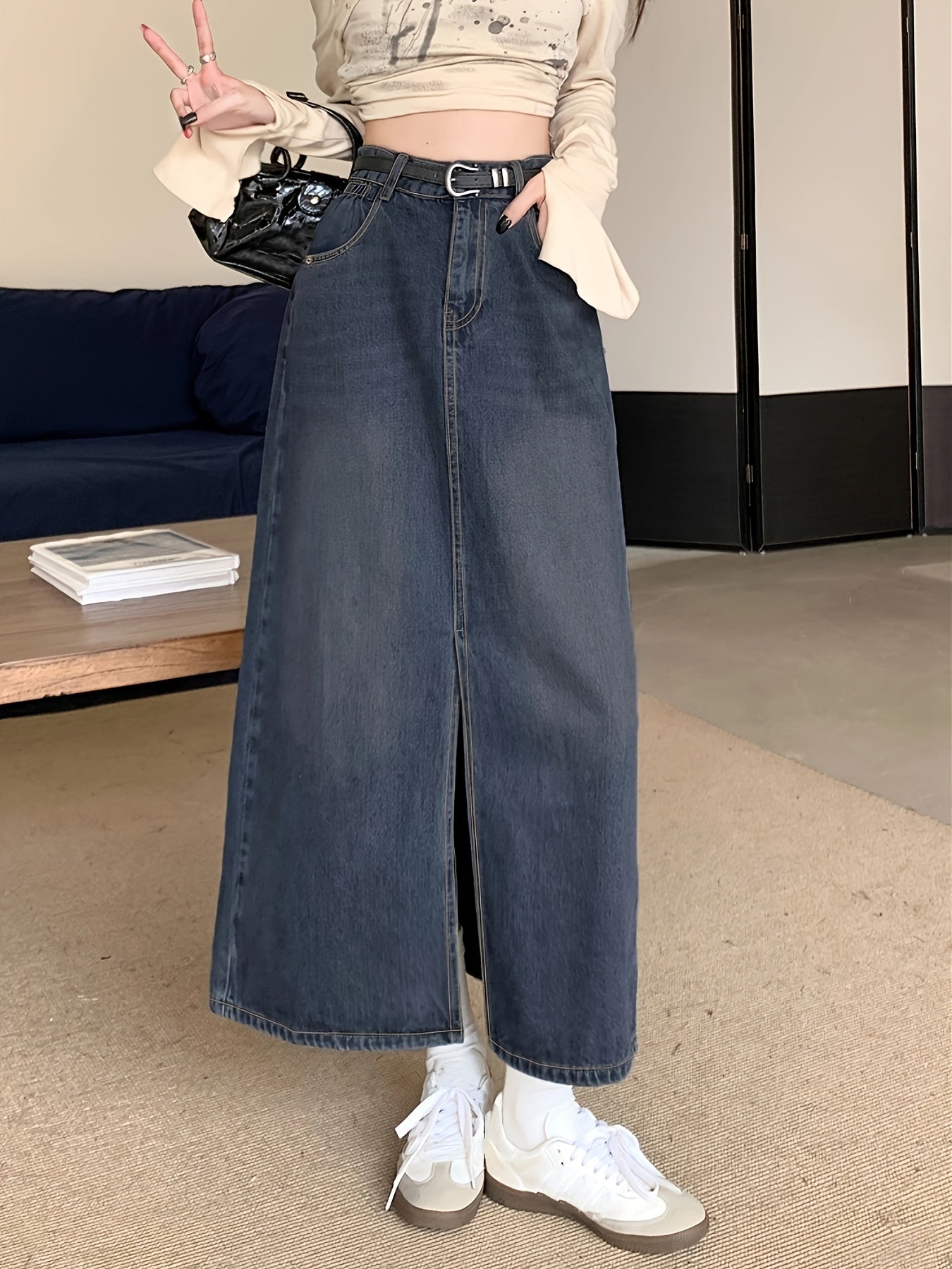 Sixsr High Waist Split Denim Maxi Skirt, Slant Pockets A-Line Washed Denim Skirt, Women's Denim Clothing