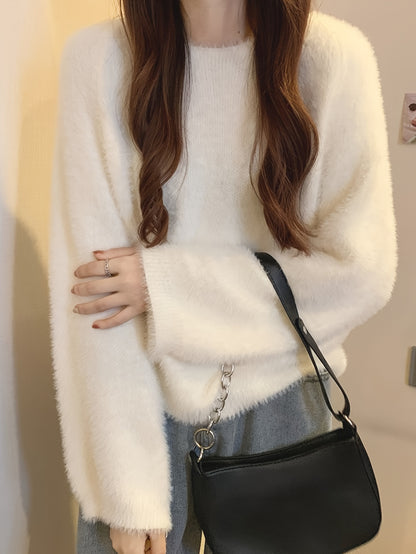 Sixsr Solid Crew Neck Pullover Sweater,  Casual Long Sleeve Drop Shoulder Sweater, Women's Clothing