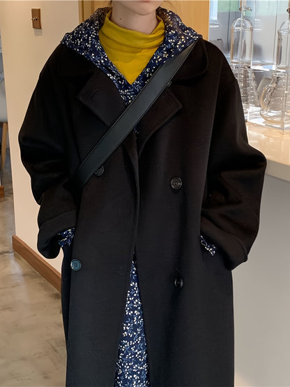 Sixsr Solid Double Breasted Pockets Overcoat, Versatile Long Sleeve Winter Warm Outwear For Fall & Winter, Women's Clothing