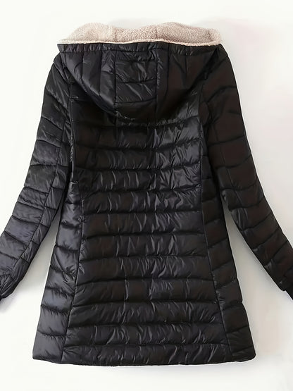 Sixsr Mid-length Hooded Slim Fit Fleece Padded Jacket, Warm Solid Color Causal Winter Coat, Women's Activewear