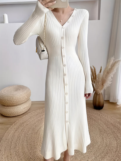 Sixsr Button Front Ribbed Dress, Elegant V Neck Long Sleeve Dress, Women's Clothing