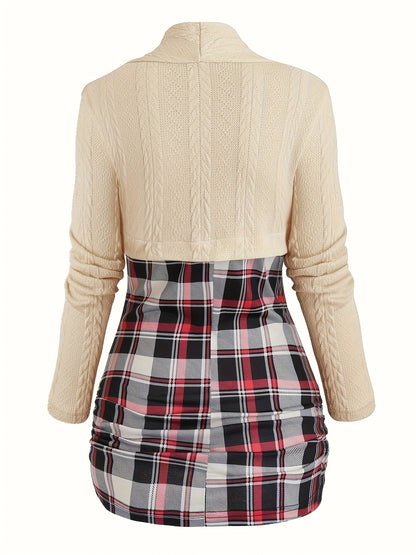 Sixsr Plaid Print Cowl Neck Pullover Sweater, Y2K Spliced Twist Long Sleeve Knitted Sweater For Every Day, Women's Clothing