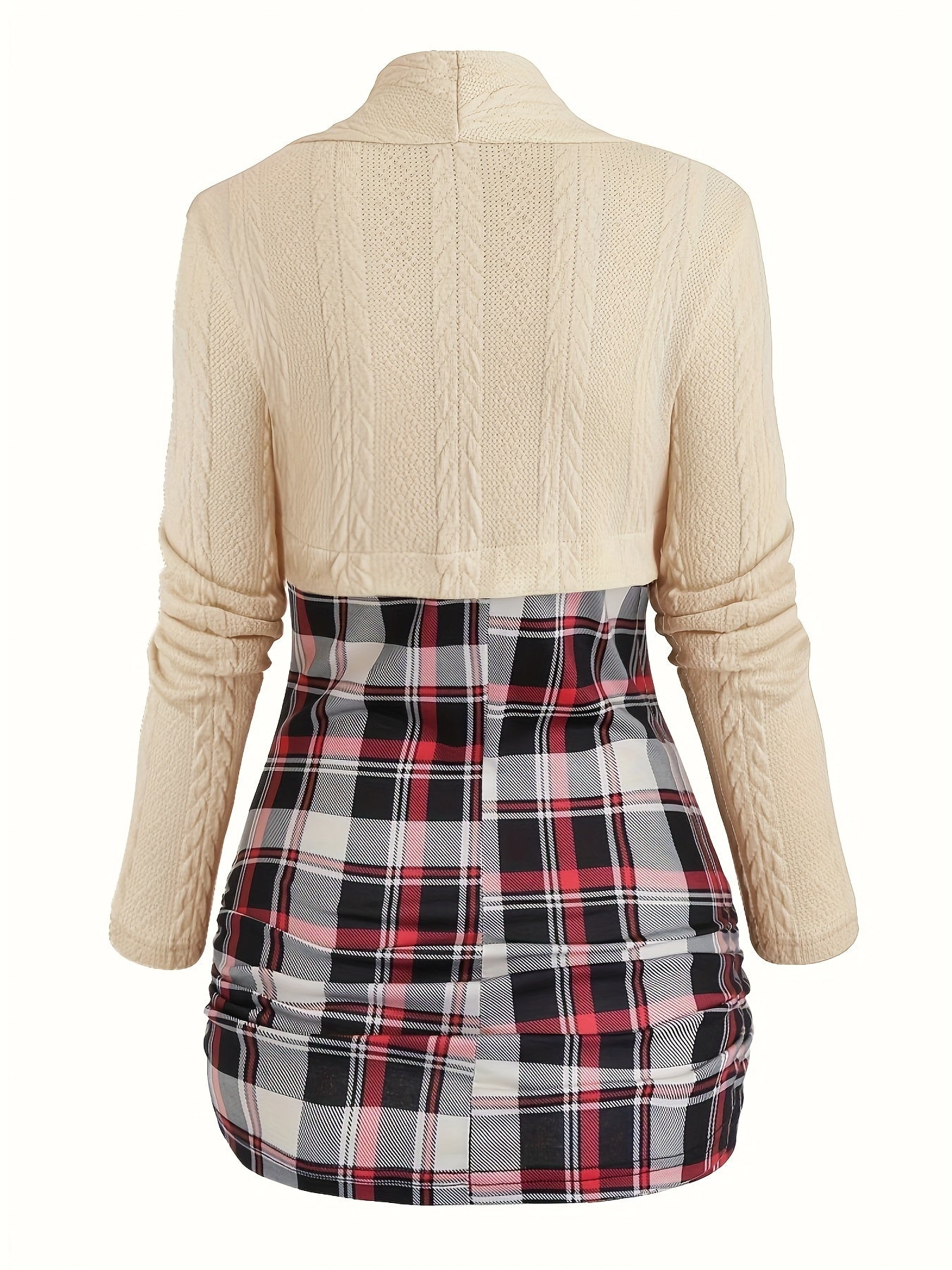 Sixsr Plaid Print Cowl Neck Pullover Sweater, Y2K Spliced Twist Long Sleeve Knitted Sweater For Every Day, Women's Clothing