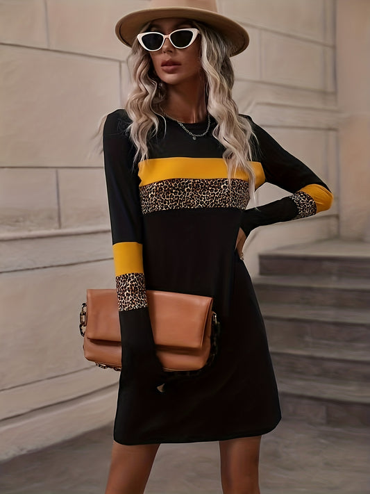 Sixsr Leopard Print Splicing Dress, Casual Crew Neck Long Sleeve Dress, Women's Clothing