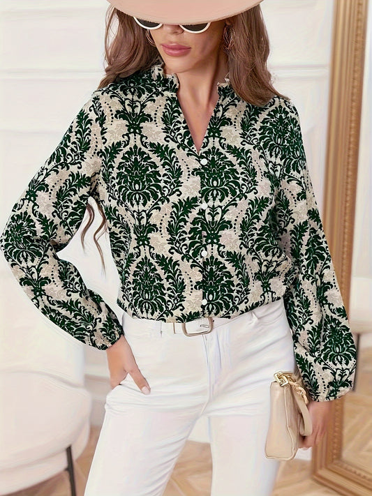 Sixsr Ethnic Floral Print Blouse, Boho V Neck Long Sleeve Blouse, Women's Clothing