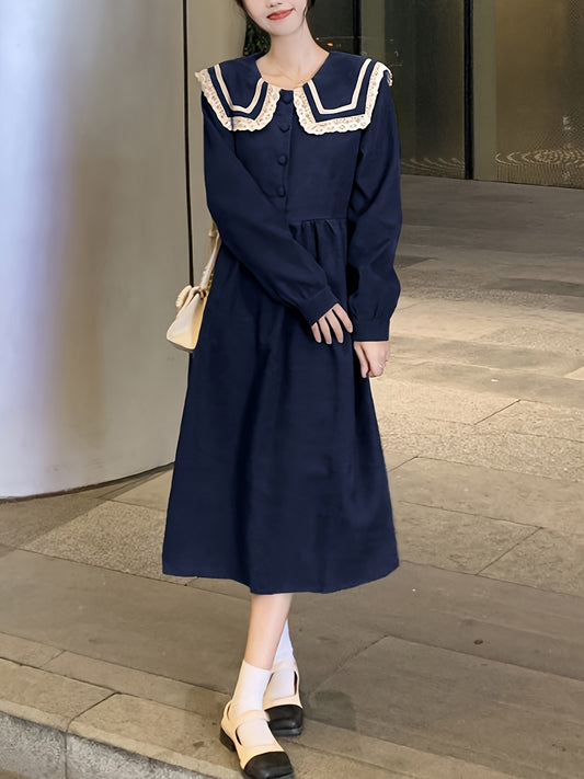 Sixsr Contrast Trim Sailor Collar Belted Dress, Preppy Long Sleeve Ruffle Hem Aline Dress For Spring & Fall, Women's Clothing