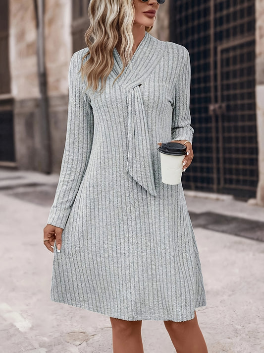 Sixsr Solid Tie Decor Aline Dress, Elegant Long Sleeve Slim Dress For Spring & Fall, Women's Clothing