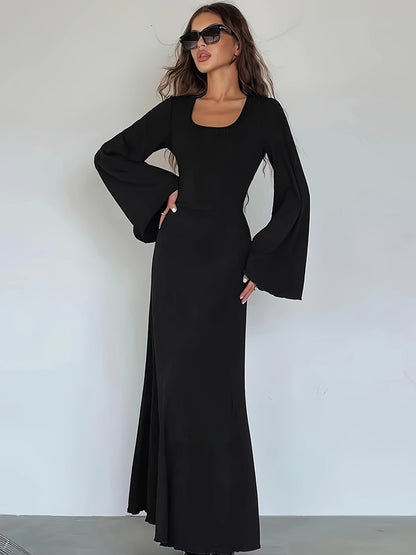 Sixsr Solid Flared Long Sleeve Dress, Casual Squared Neck Maxi Dress, Women's Clothing