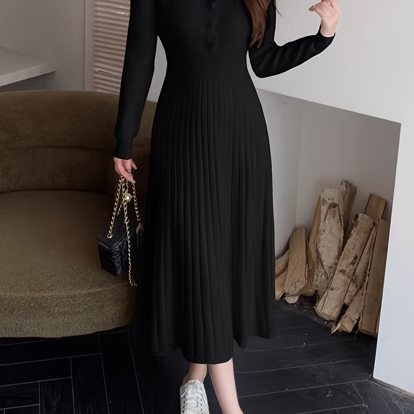 Sixsr Ribbed Solid Sweater Dress, Casual V Neck Long Sleeve Midi Dress, Women's Clothing