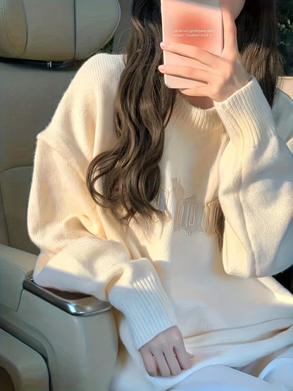 Sixsr Letter Pattern Crew Neck Pullover Sweater, Casual Long Sleeve Loose Slouchy Sweater, Women's Clothing