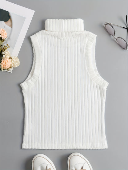 Sixsr Rib Knit High Neck Sweater Knitted Top, Sleeveless Casual Tank Top, Women's Clothing