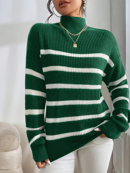 Sixsr Striped Turtle Neck Pullover Sweater, Casual Long Sleeve Sweater, Women's Clothing