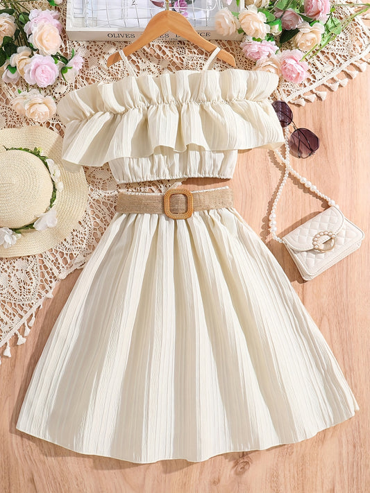 Girl's Elegant 2pcs, Off-shoulder Ruffle Camisole & Flared Skirt Set, Solid Color Casual Outfits, Kids Clothes For Summer
