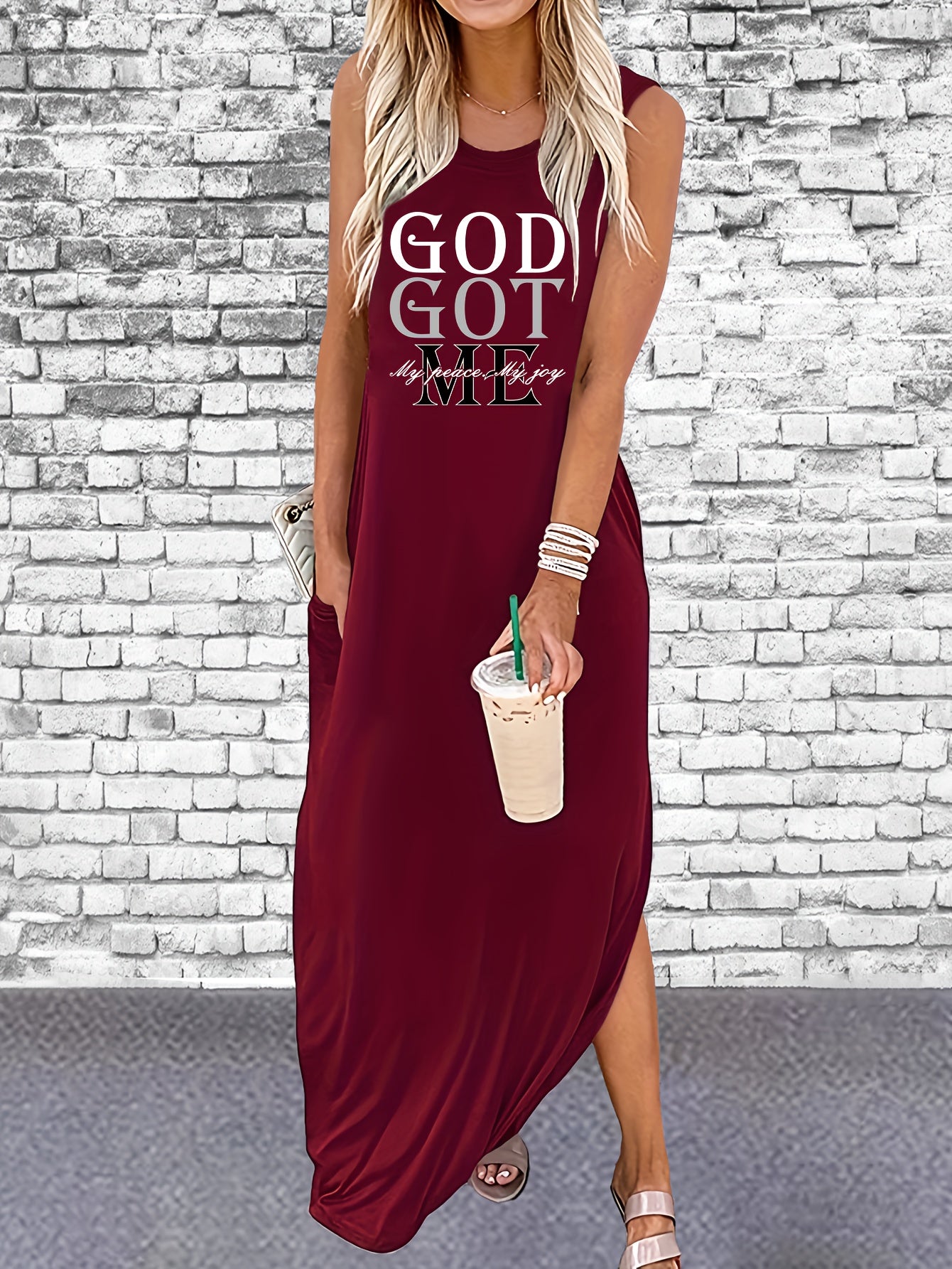 God Got Me Print Sleeveless Tee Dress, Casual Tank Dress For Spring & Summer, Women's Clothing