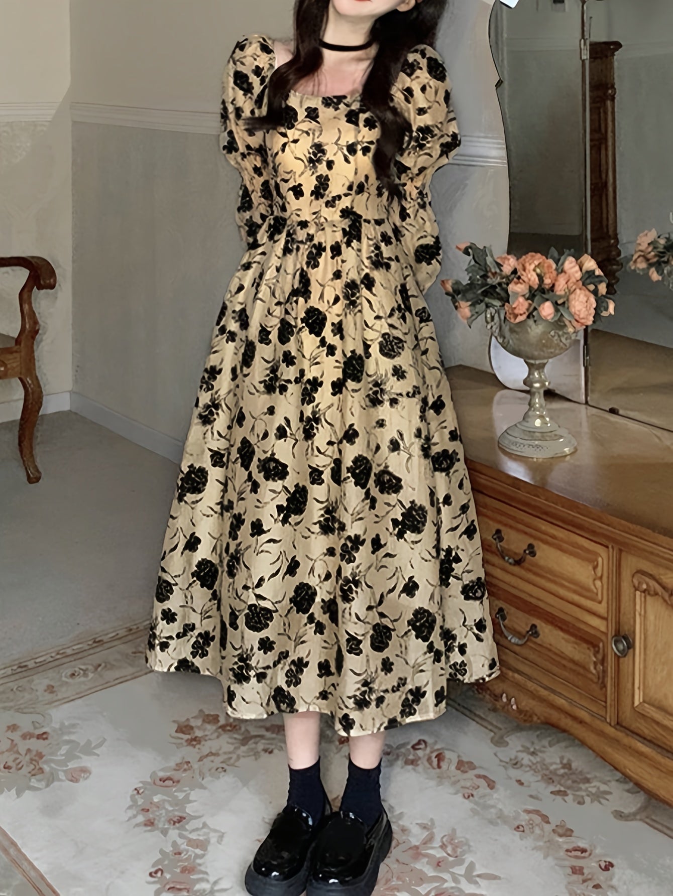 Sixsr Floral Print Square Neck Dress, Elegant Long Sleeve Dress For Spring & Fall, Women's Clothing