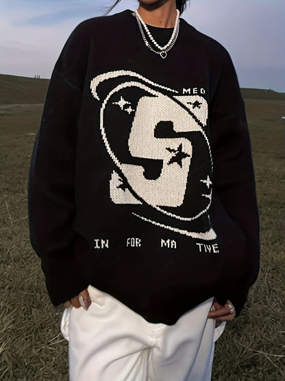 Sixsr Letter Pattern Crew Neck Pullover Sweater, Casual Long Sleeve Sweater For Fall & Winter, Women's Clothing