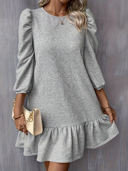 Solid Ruffle Hem Lantern Sleeve Dress, Casual Crew Neck Above Knee Dress, Women's Clothing