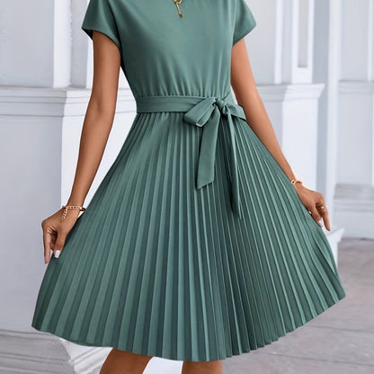 Pleated Tie Front Dress, Casual Short Sleeve Dress For Spring & Summer, Women's Clothing