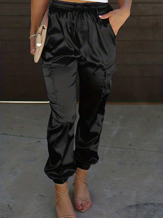 Sixsr Plus Size Casual Pants, Women's Plus Solid Satin Elastic High Rise Cargo Jogger Trousers With Flap Pockets