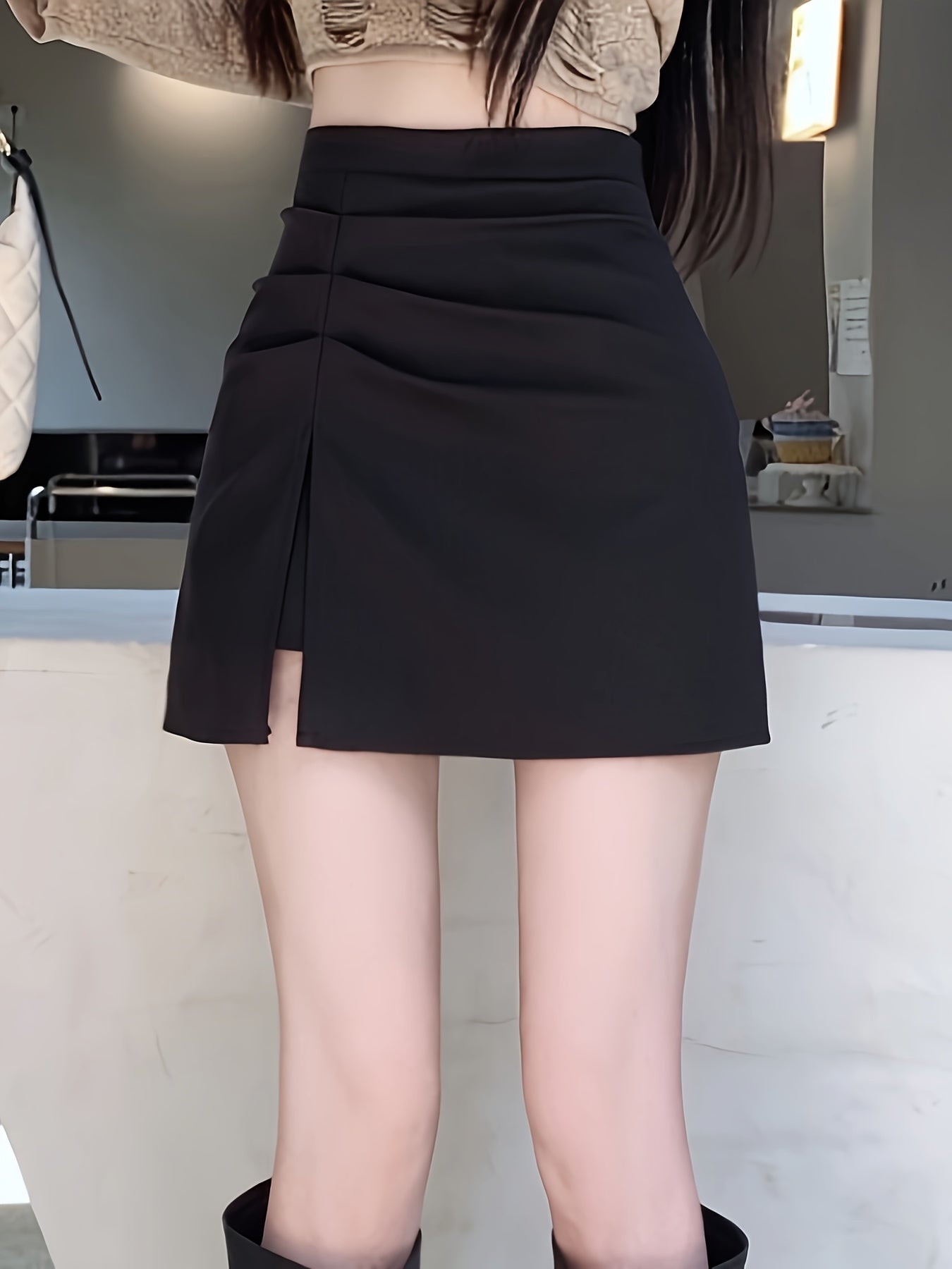 Sixsr  Solid High Waist Split Skirt, Casual Ruched A Line Mini Skirt, Women's Clothing