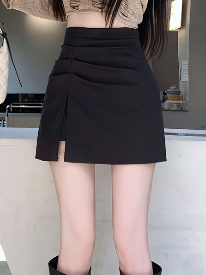 Sixsr  Solid High Waist Split Skirt, Casual Ruched A Line Mini Skirt, Women's Clothing