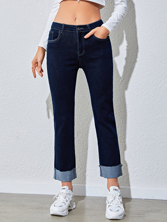 Sixsr Raw Hem Rolled Legs Mid Rise Slim Fit Straight Legs High Stretchy Washed Blue Color Vintage Straight Jeans, Women's Denim Jeans