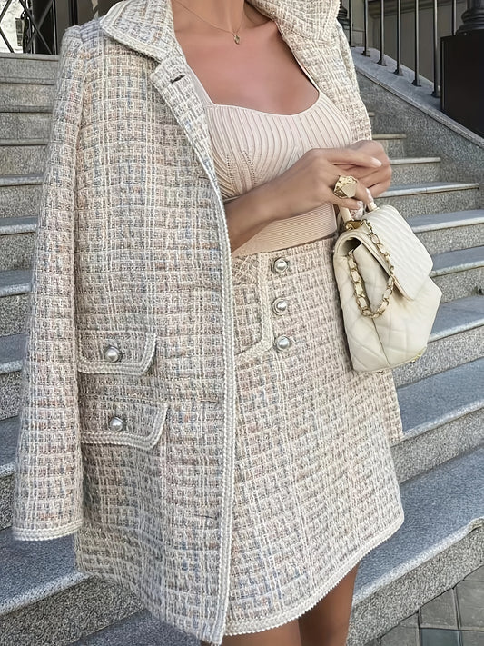 Sixsr Plus Size Elegant Outfits Set, Women's Plus Houndstooth Pattern Long Sleeve Button Up Flap Detail Lapel Collar Tweed Blazer & Mini Skirt Outfits Two Piece Set